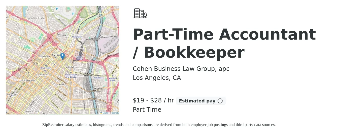 Cohen Business Law Group, apc job posting for a Part-Time Accountant / Bookkeeper in Los Angeles, CA with a salary of $20 to $30 Hourly with a map of Los Angeles location.