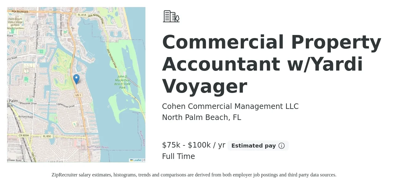 Cohen Commercial Management LLC job posting for a Commercial Property Accountant w/Yardi Voyager in North Palm Beach, FL with a salary of $75,000 to $100,000 Yearly with a map of North Palm Beach location.