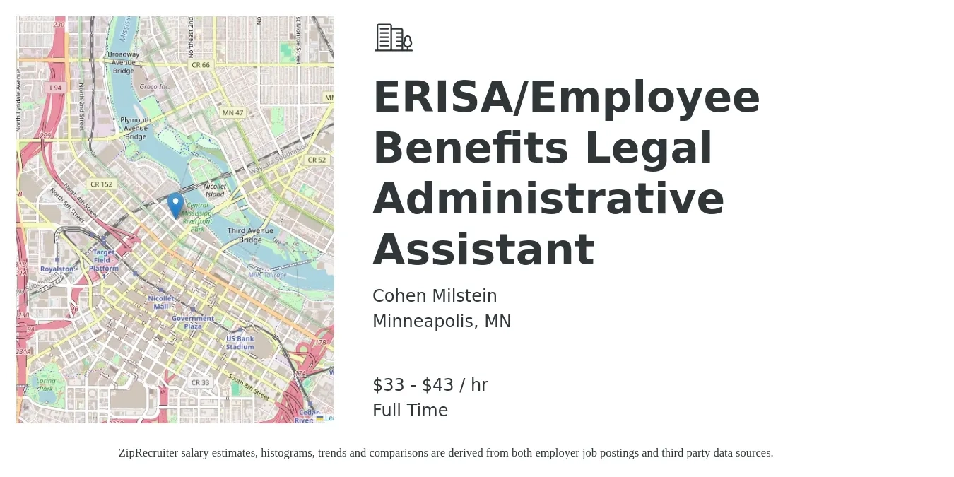 Cohen Milstein job posting for a ERISA/Employee Benefits Legal Administrative Assistant in Minneapolis, MN with a salary of $35 to $45 Hourly with a map of Minneapolis location.