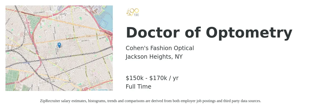 Cohen's Fashion Optical job posting for a Doctor of Optometry in Jackson Heights, NY with a salary of $150,000 to $170,000 Yearly with a map of Jackson Heights location.