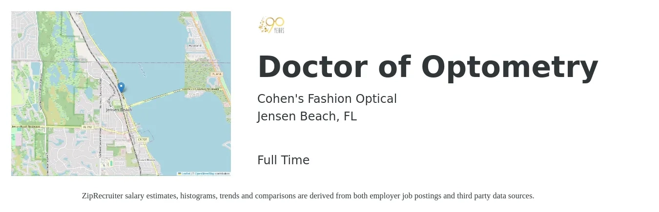 Cohen's Fashion Optical job posting for a Doctor of Optometry in Jensen Beach, FL with a salary of $92,100 to $137,200 Yearly with a map of Jensen Beach location.