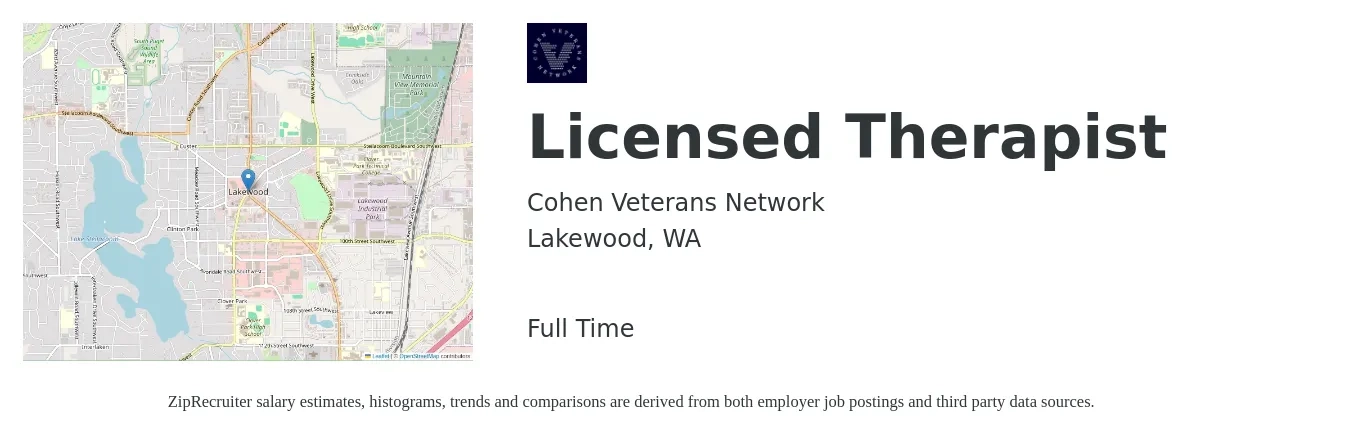 Cohen Veterans Network job posting for a Licensed Therapist in Lakewood, WA with a salary of $67,200 to $107,500 Yearly with a map of Lakewood location.