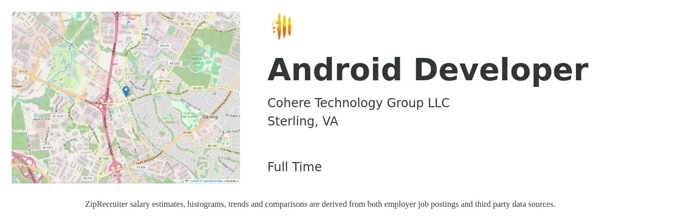 Cohere Technology Group LLC job posting for a Android Developer in Sterling, VA with a salary of $56 to $74 Hourly with a map of Sterling location.