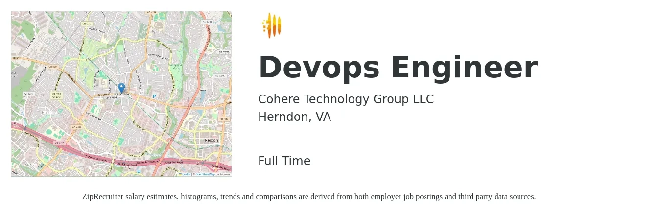 Cohere Technology Group LLC job posting for a Devops Engineer in Herndon, VA with a salary of $54 to $74 Hourly with a map of Herndon location.