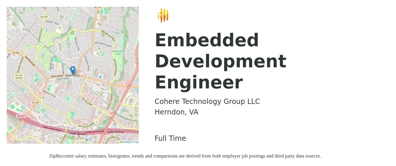 Cohere Technology Group LLC job posting for a Embedded Development Engineer in Herndon, VA with a salary of $135,200 to $177,900 Yearly with a map of Herndon location.