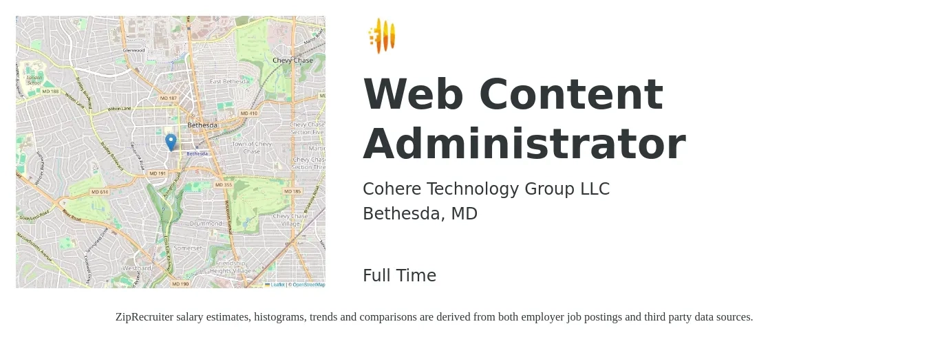 Cohere Technology Group LLC job posting for a Web Content Administrator in Bethesda, MD with a salary of $57,300 to $107,000 Yearly with a map of Bethesda location.
