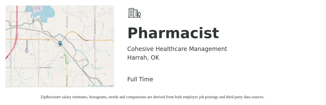 Cohesive Healthcare Management job posting for a Pharmacist in Harrah, OK with a salary of $56 to $68 Hourly with a map of Harrah location.