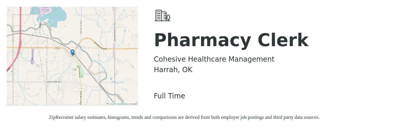 Cohesive Healthcare Management job posting for a Pharmacy Clerk in Harrah, OK with a salary of $14 to $18 Hourly with a map of Harrah location.