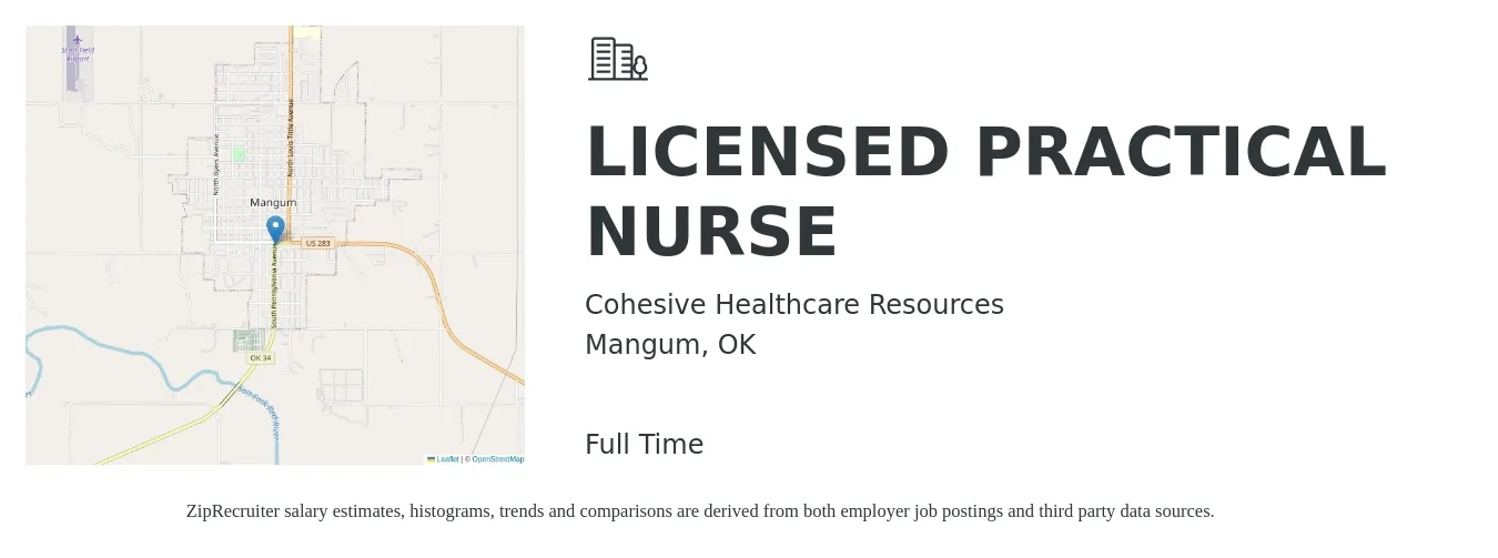 Cohesive Healthcare Resources job posting for a LICENSED PRACTICAL NURSE in Mangum, OK with a salary of $23 to $31 Hourly with a map of Mangum location.