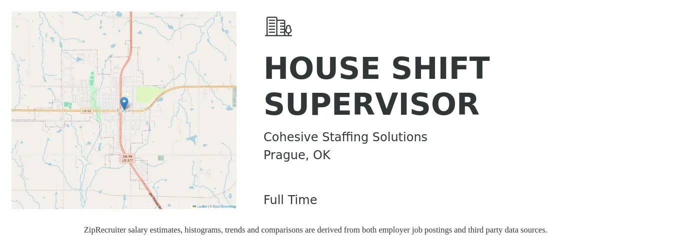 Cohesive Staffing Solutions job posting for a HOUSE SHIFT SUPERVISOR in Prague, OK with a salary of $33 to $57 Hourly with a map of Prague location.