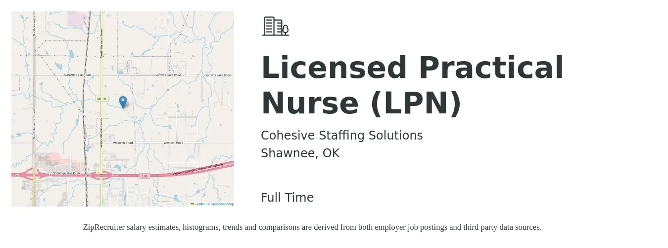Cohesive Staffing Solutions job posting for a Licensed Practical Nurse (LPN) in Shawnee, OK with a salary of $20 to $26 Hourly with a map of Shawnee location.