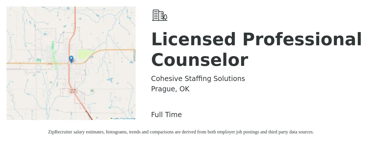 Cohesive Staffing Solutions job posting for a Licensed Professional Counselor in Prague, OK with a salary of $49,700 to $68,000 Yearly with a map of Prague location.