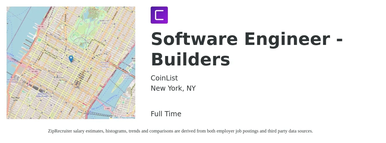 CoinList job posting for a Software Engineer - Builders in New York, NY with a salary of $131,300 to $189,300 Yearly with a map of New York location.