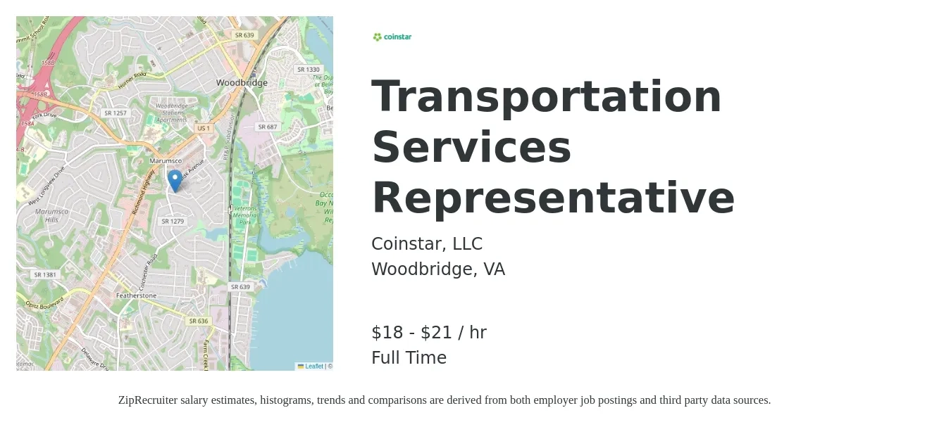 Coinstar, LLC job posting for a Transportation Services Representative in Woodbridge, VA with a salary of $19 to $22 Hourly with a map of Woodbridge location.