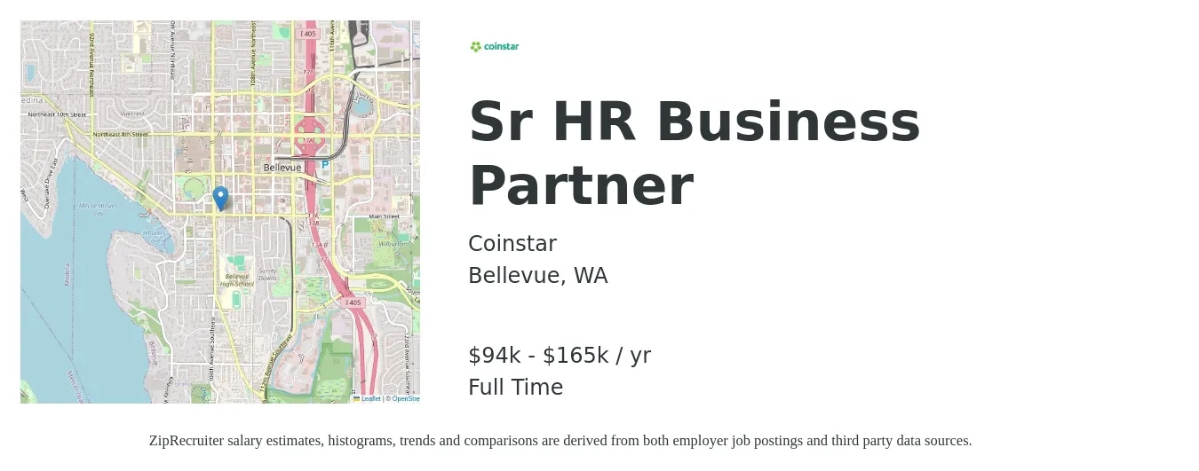 Coinstar, LLC job posting for a Sr HR Business Partner in Bellevue, WA with a salary of $94,998 to $165,862 Yearly with a map of Bellevue location.