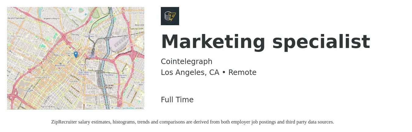 Cointelegraph job posting for a Marketing specialist in Los Angeles, CA with a salary of $51,200 to $75,400 Yearly with a map of Los Angeles location.
