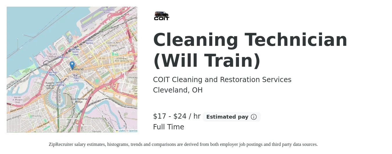 COIT Cleaning and Restoration Services job posting for a Cleaning Technician (Will Train) in Cleveland, OH with a salary of $18 to $25 Hourly with a map of Cleveland location.