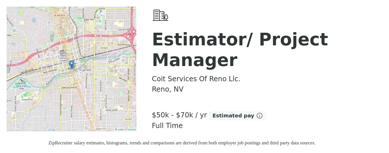 Coit Services Of Reno Llc. job posting for a Estimator/ Project Manager in Reno, NV with a salary of $50,000 to $70,000 Yearly with a map of Reno location.