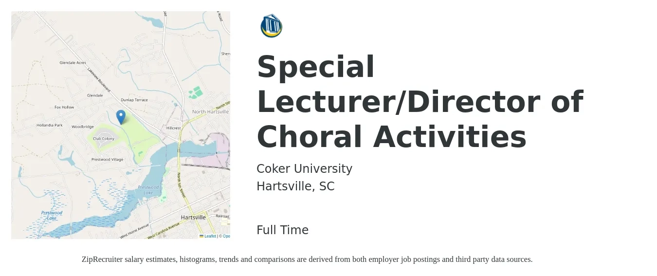Coker University job posting for a Special Lecturer/Director of Choral Activities in Hartsville, SC with a salary of $42,100 to $55,400 Yearly with a map of Hartsville location.