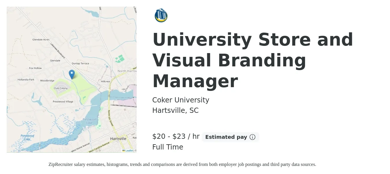 Coker University job posting for a University Store and Visual Branding Manager in Hartsville, SC with a salary of $44,000 to $50,000 Yearly with a map of Hartsville location.