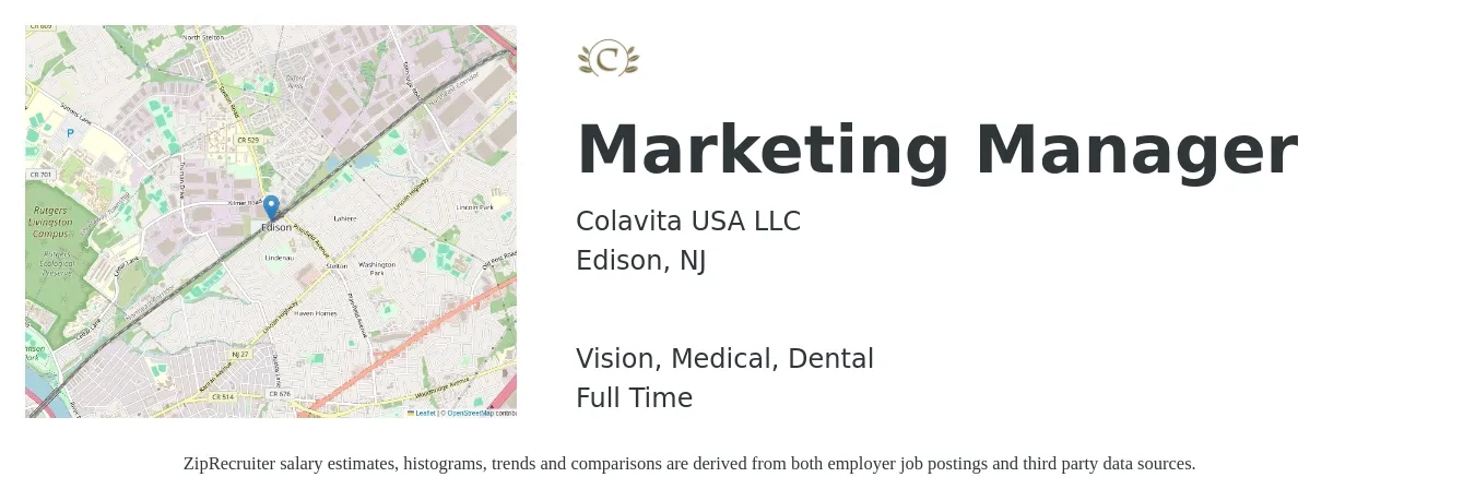 Colavita USA LLC job posting for a Marketing Manager in Edison, NJ with a salary of $62,100 to $101,500 Yearly and benefits including retirement, vision, dental, life_insurance, medical, and pto with a map of Edison location.