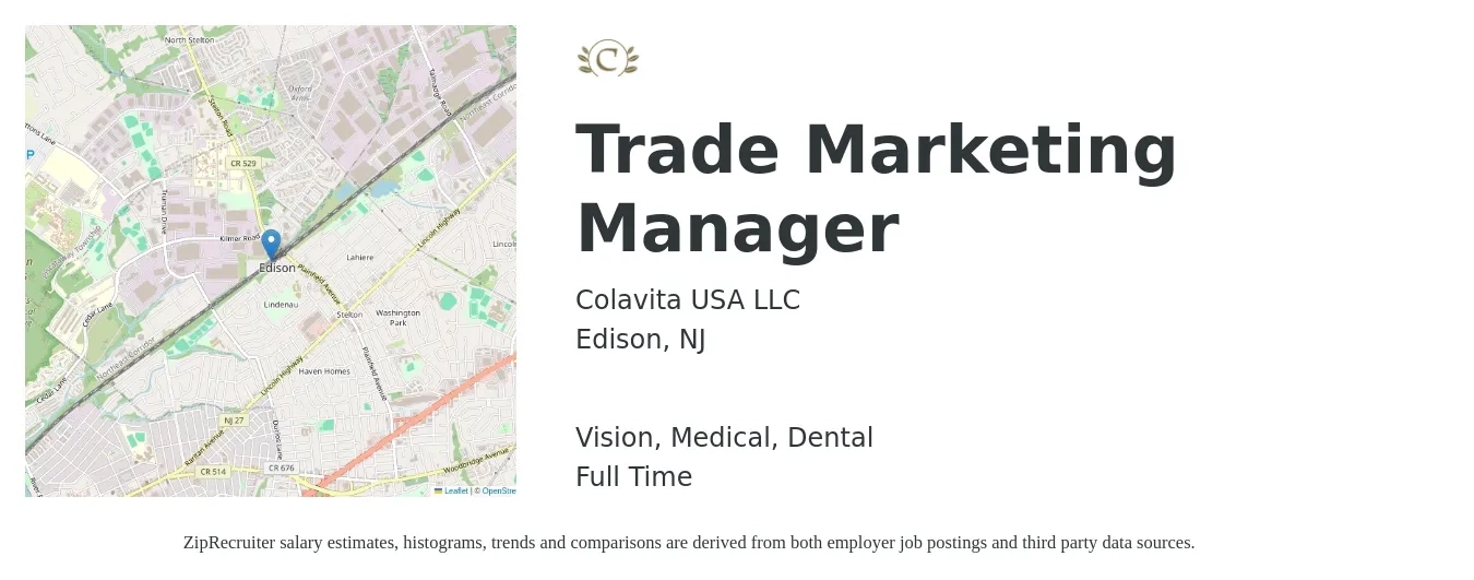 Colavita USA LLC job posting for a Trade Marketing Manager in Edison, NJ with a salary of $62,100 to $102,500 Yearly and benefits including dental, life_insurance, medical, pto, retirement, and vision with a map of Edison location.
