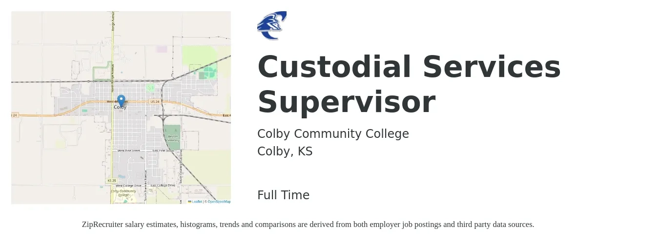 Colby Community College job posting for a Custodial Services Supervisor in Colby, KS with a salary of $15 to $23 Hourly with a map of Colby location.