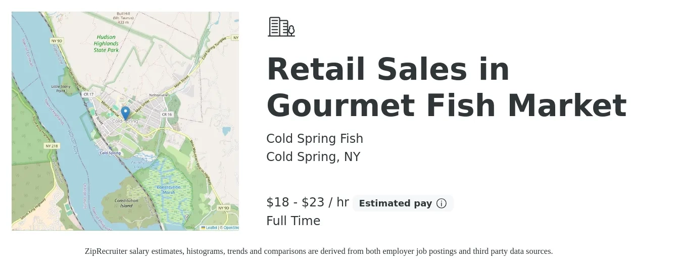 Cold Spring Fish job posting for a Retail Sales in Gourmet Fish Market in Cold Spring, NY with a salary of $19 to $24 Hourly and benefits including pto with a map of Cold Spring location.