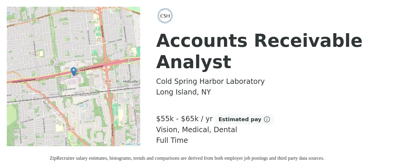 Cold Spring Harbor Laboratory job posting for a Accounts Receivable Analyst in Long Island, NY with a salary of $55,000 to $65,000 Yearly and benefits including life_insurance, medical, pto, retirement, vision, and dental with a map of Long Island location.