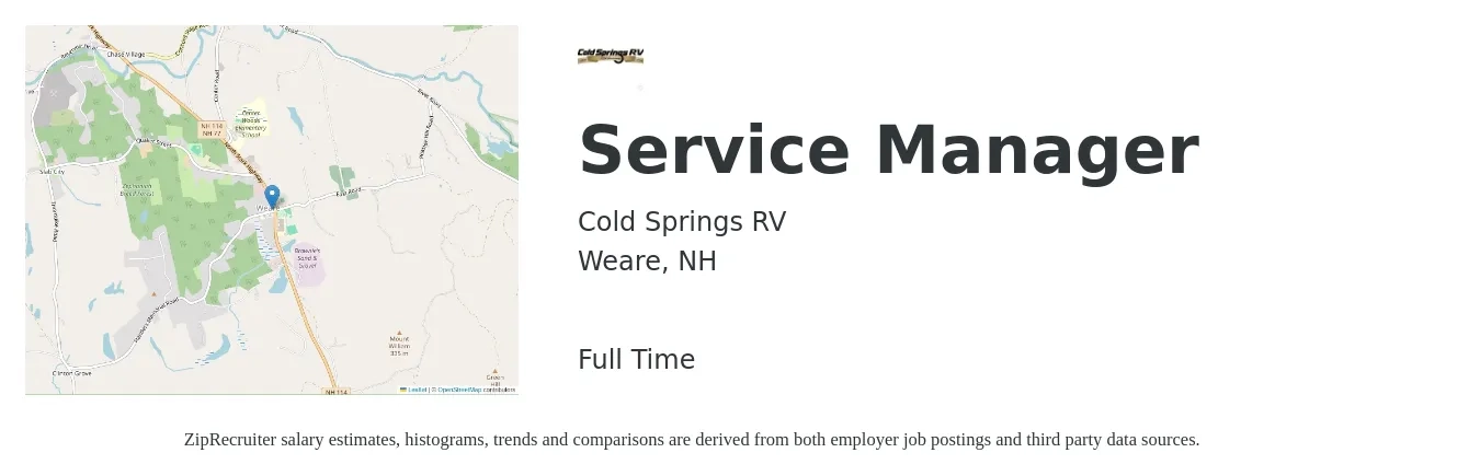 Cold Springs RV job posting for a Service Manager in Weare, NH with a salary of $51,900 to $80,400 Yearly with a map of Weare location.