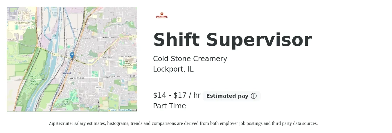 Cold Stone Creamery job posting for a Shift Supervisor in Lockport, IL with a salary of $15 to $18 Hourly with a map of Lockport location.