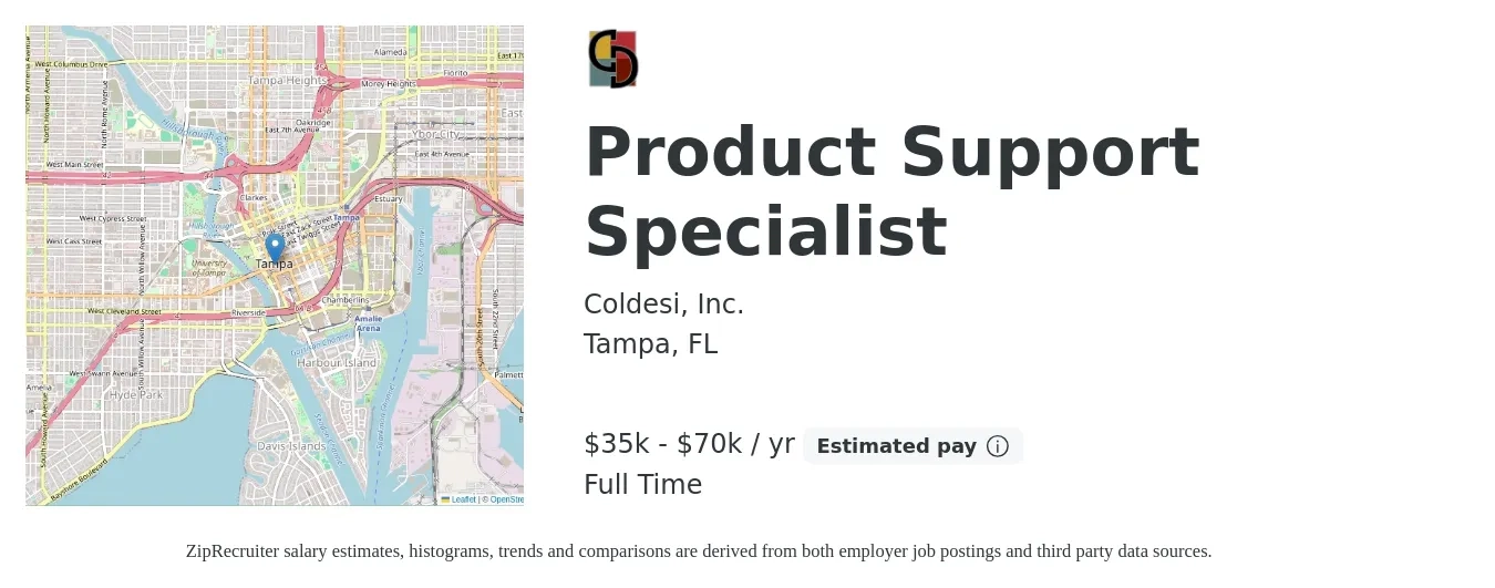 Coldesi, Inc. job posting for a Product Support Specialist in Tampa, FL with a salary of $35,000 to $70,000 Yearly with a map of Tampa location.