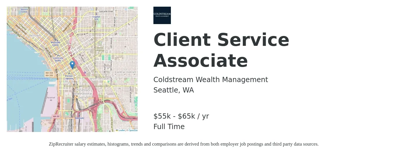 Coldstream Wealth Management job posting for a Client Service Associate in Seattle, WA with a salary of $55,000 to $65,000 Yearly with a map of Seattle location.