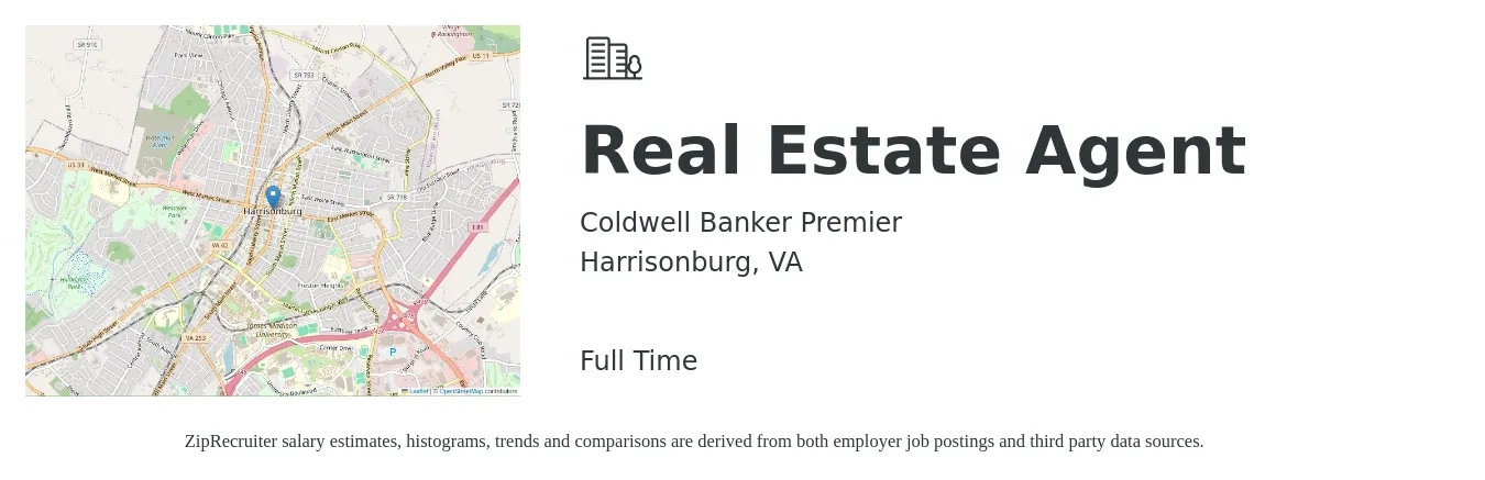 Coldwell Banker Premier job posting for a Real Estate Agent in Harrisonburg, VA with a salary of $55,900 to $93,200 Yearly with a map of Harrisonburg location.