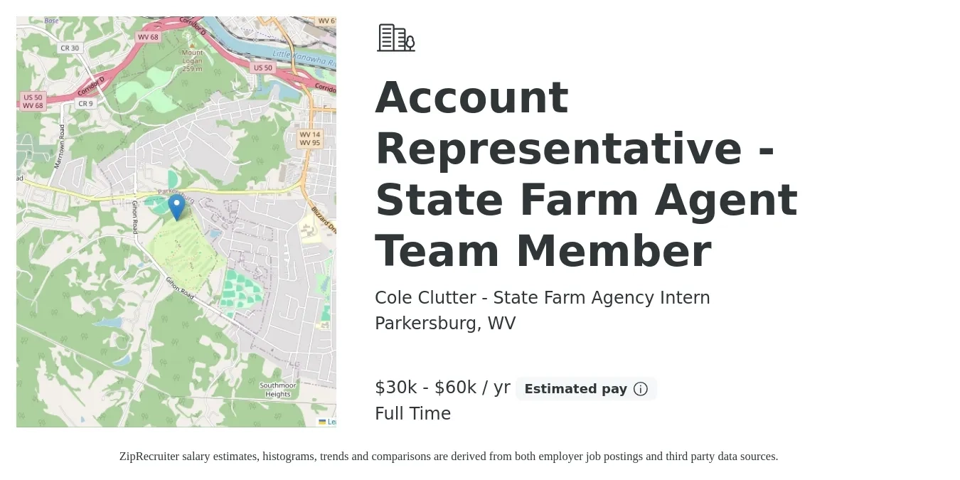 Cole Clutter - State Farm Agency Intern job posting for a Account Representative - State Farm Agent Team Member in Parkersburg, WV with a salary of $30,000 to $60,000 Yearly with a map of Parkersburg location.