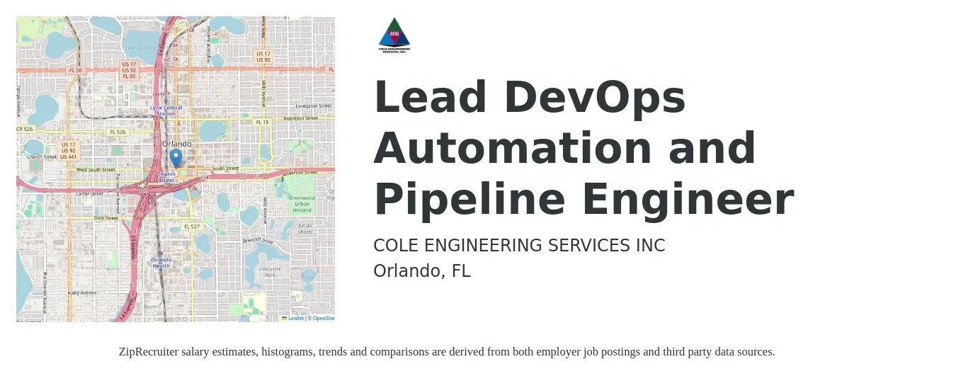 COLE ENGINEERING SERVICES INC job posting for a Lead DevOps Automation and Pipeline Engineer in Orlando, FL with a salary of $46 to $63 Hourly with a map of Orlando location.