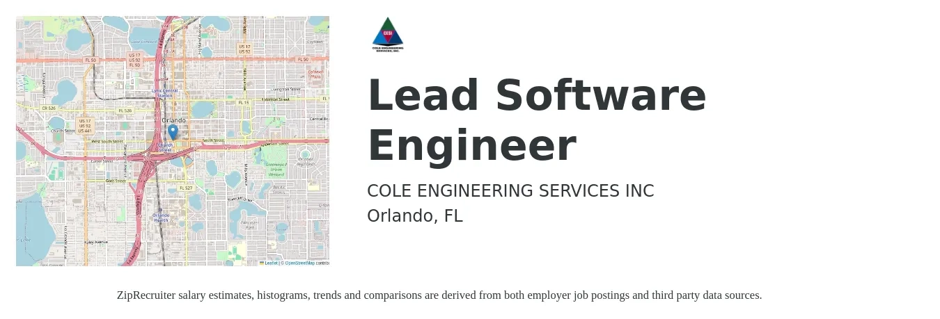 COLE ENGINEERING SERVICES INC job posting for a Lead Software Engineer in Orlando, FL with a salary of $105,300 to $146,600 Yearly with a map of Orlando location.