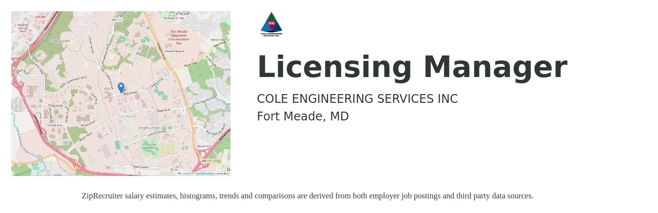 COLE ENGINEERING SERVICES INC job posting for a Licensing Manager in Fort Meade, MD with a salary of $60,700 to $96,400 Yearly with a map of Fort Meade location.