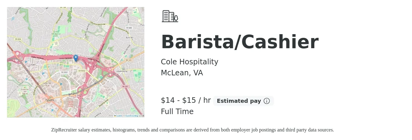 Cole Hospitality job posting for a Barista/Cashier in McLean, VA with a salary of $14 to $18 Hourly with a map of McLean location.