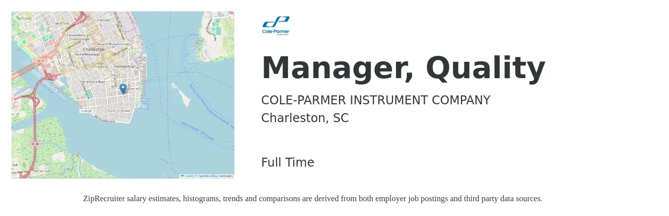 COLE-PARMER INSTRUMENT COMPANY job posting for a Manager, Quality in Charleston, SC with a salary of $67,000 to $104,500 Yearly with a map of Charleston location.