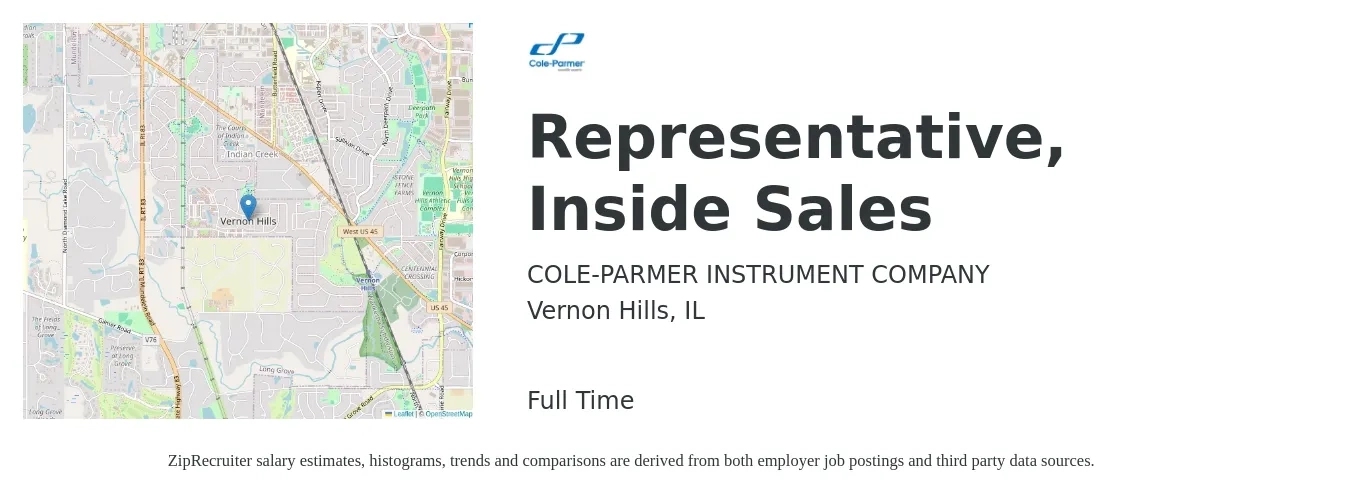COLE-PARMER INSTRUMENT COMPANY job posting for a Representative, Inside Sales in Vernon Hills, IL with a salary of $38,500 to $57,500 Yearly with a map of Vernon Hills location.