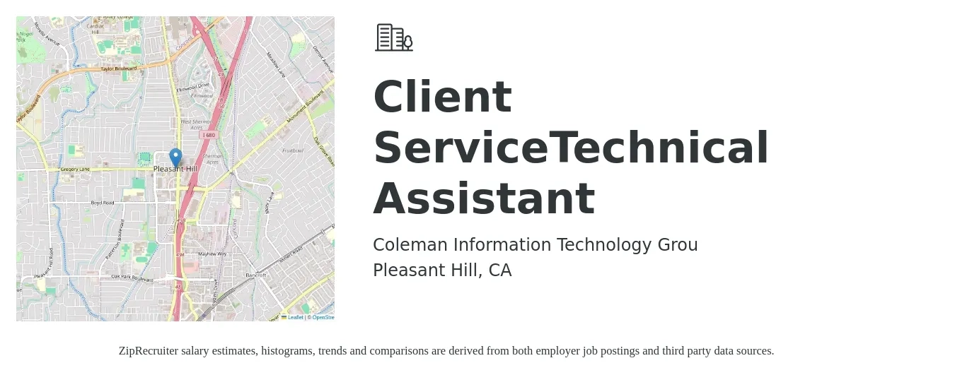Coleman Information Technology Grou job posting for a Client ServiceTechnical Assistant in Pleasant Hill, CA with a salary of $19 to $26 Hourly with a map of Pleasant Hill location.
