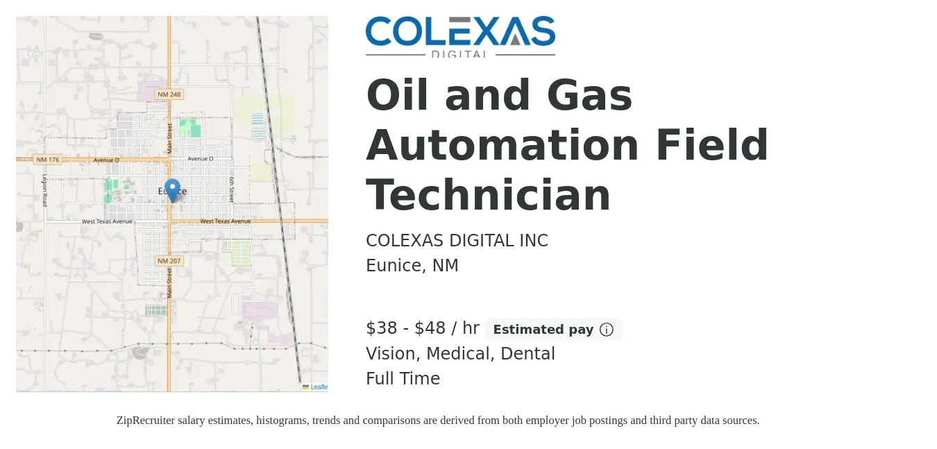 COLEXAS DIGITAL INC job posting for a Oil and Gas Automation Field Technician in Eunice, NM with a salary of $40 to $50 Hourly and benefits including dental, life_insurance, medical, retirement, and vision with a map of Eunice location.