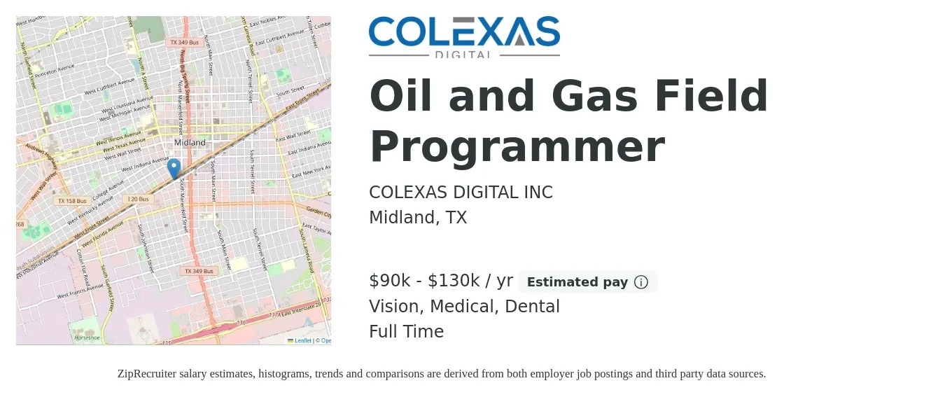 COLEXAS DIGITAL INC job posting for a Oil and Gas Field Programmer in Midland, TX with a salary of $90,000 to $130,000 Yearly and benefits including retirement, vision, dental, and medical with a map of Midland location.