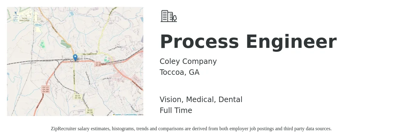 Coley Company job posting for a Process Engineer in Toccoa, GA with a salary of $58,500 to $80,800 Yearly and benefits including dental, life_insurance, medical, pto, retirement, and vision with a map of Toccoa location.