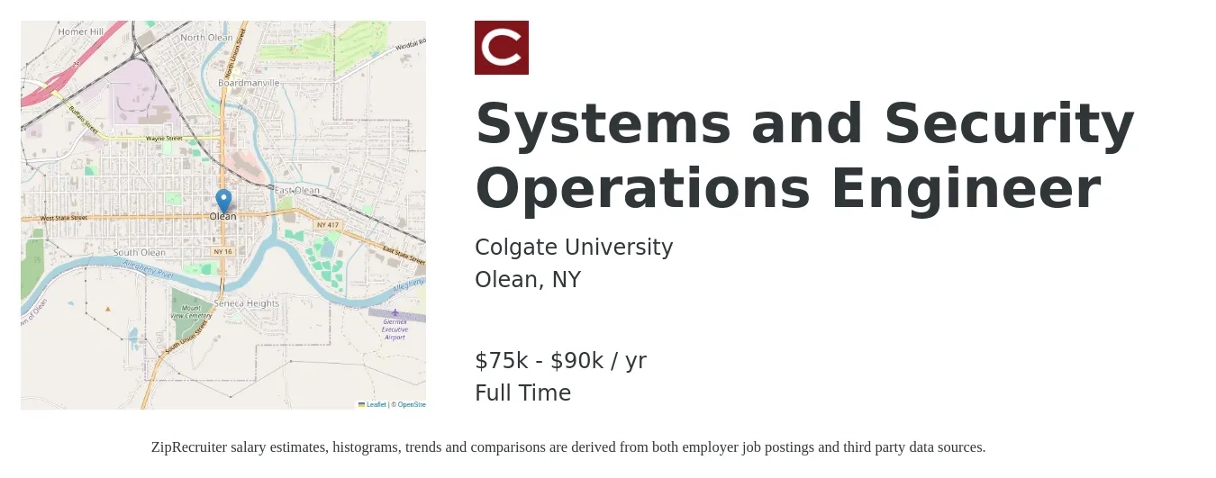 Colgate University job posting for a Systems and Security Operations Engineer in Olean, NY with a salary of $75,000 to $90,000 Yearly with a map of Olean location.