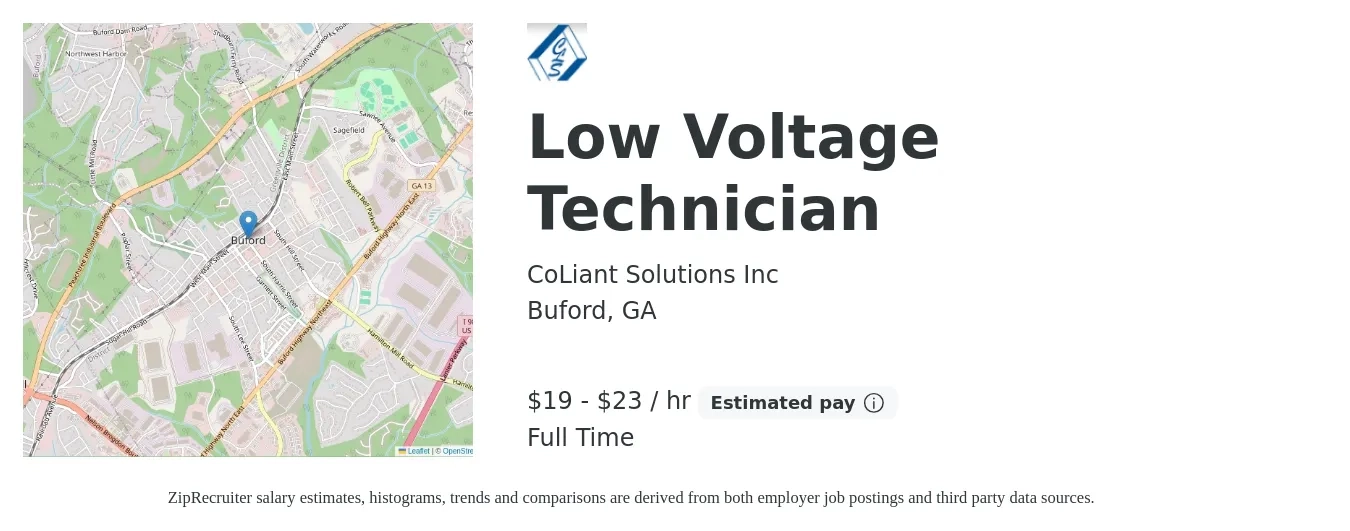 CoLiant Solutions Inc job posting for a Low Voltage Technician in Buford, GA with a salary of $20 to $24 Hourly with a map of Buford location.