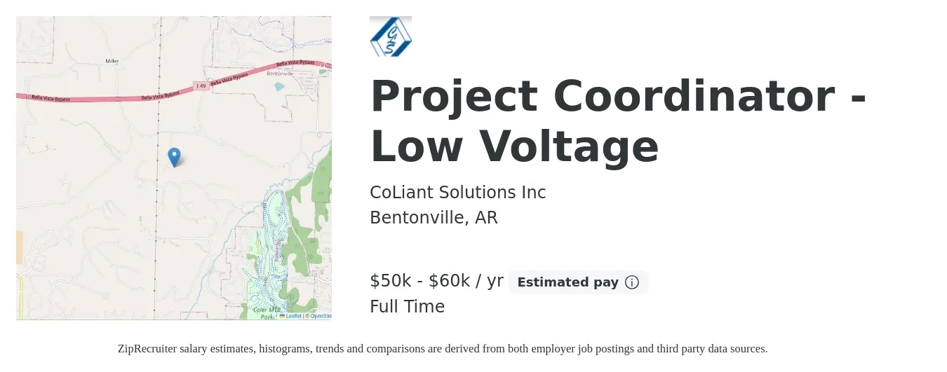 CoLiant Solutions Inc job posting for a Project Coordinator - Low Voltage in Bentonville, AR with a salary of $50,000 to $60,000 Yearly with a map of Bentonville location.