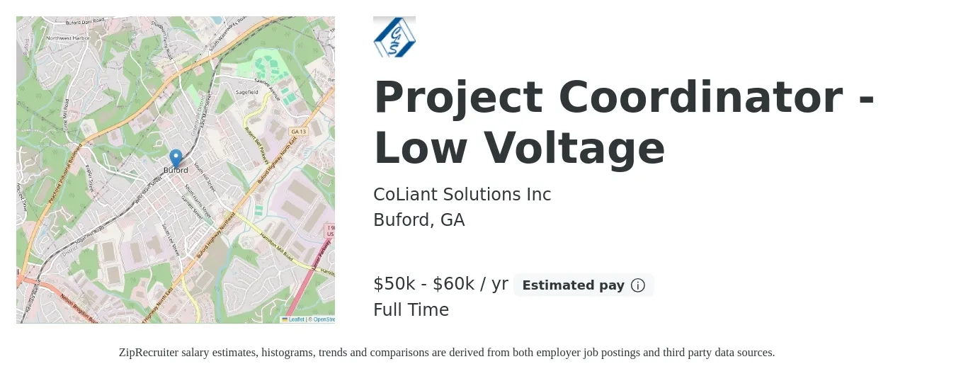 CoLiant Solutions Inc job posting for a Project Coordinator - Low Voltage in Buford, GA with a salary of $50,000 to $60,000 Yearly with a map of Buford location.