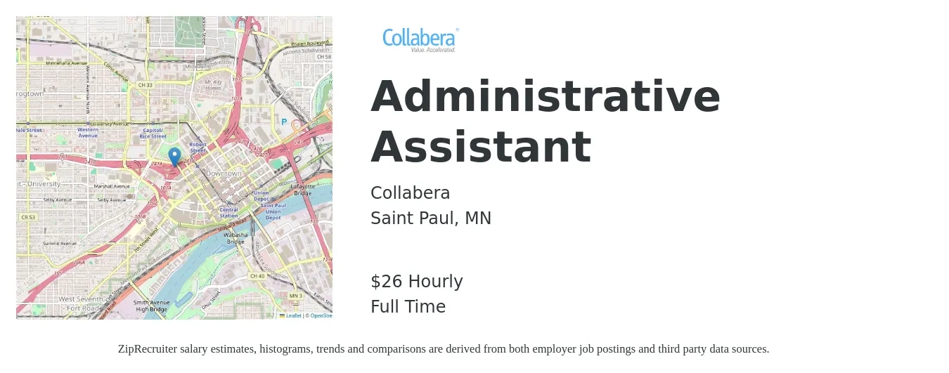Collabera job posting for a Administrative Assistant in Saint Paul, MN with a salary of $28 Hourly with a map of Saint Paul location.